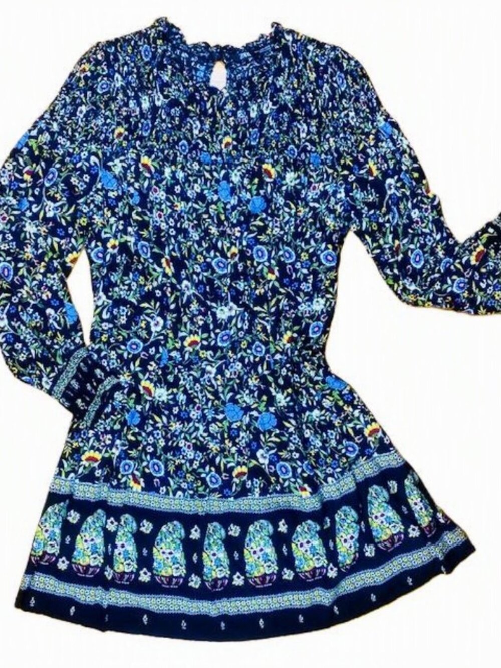 Zara Black Multicolor Floral Print Smocked Long Sleeve Dress